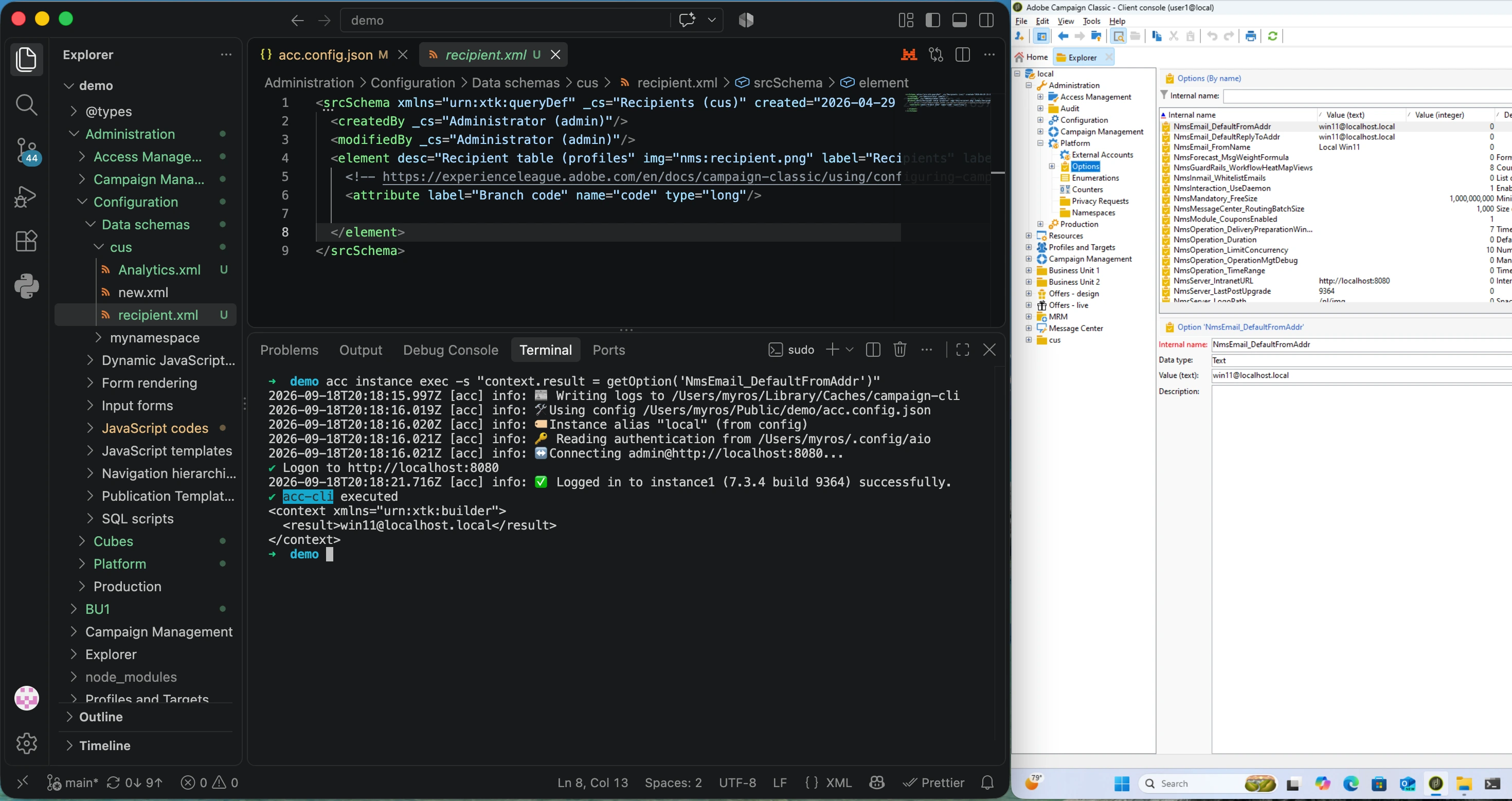 acc CLI used to execute 1 unit test on the Adobe Campaign instance