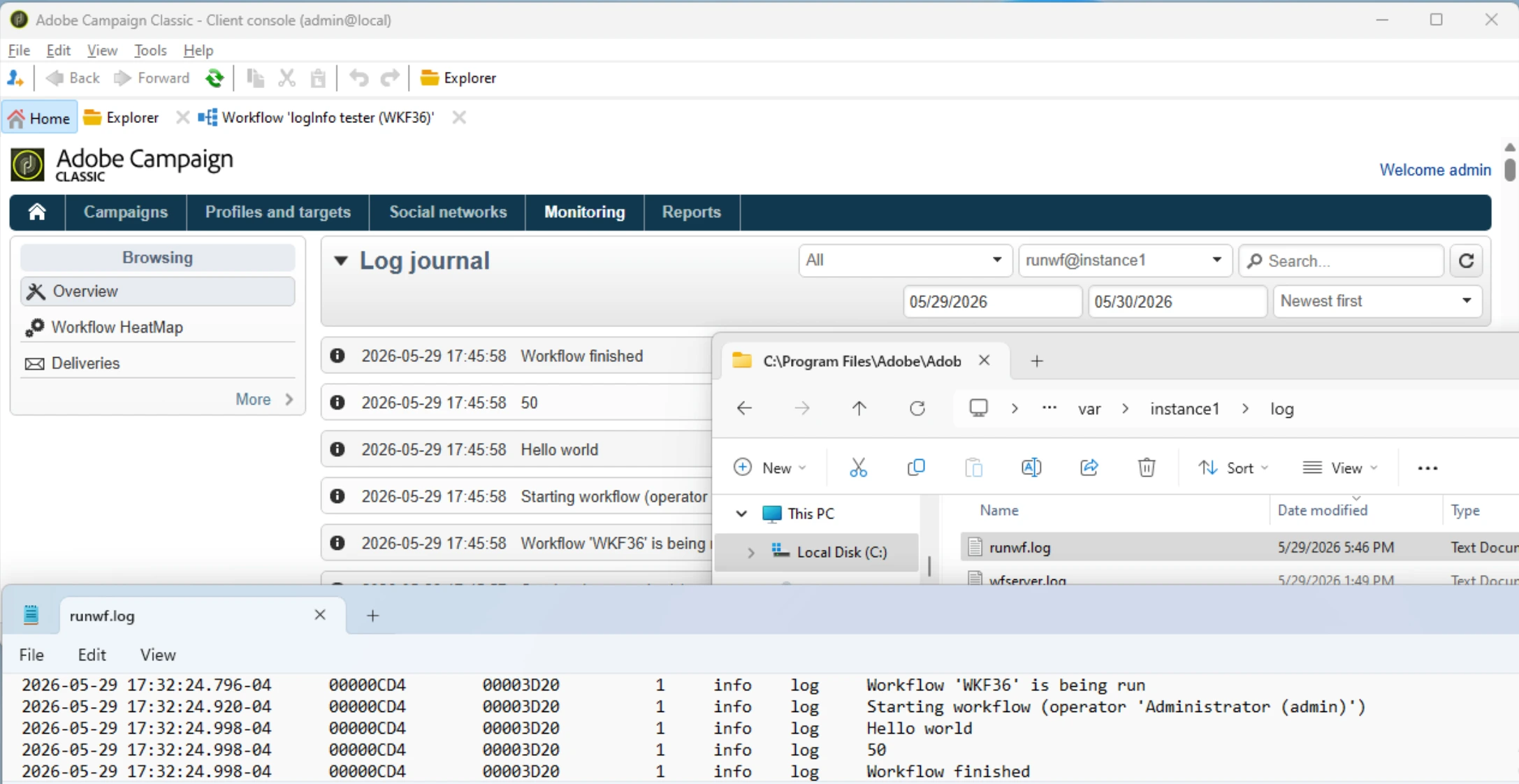 logInfo stores the message on the server logs "runwf@instance1"