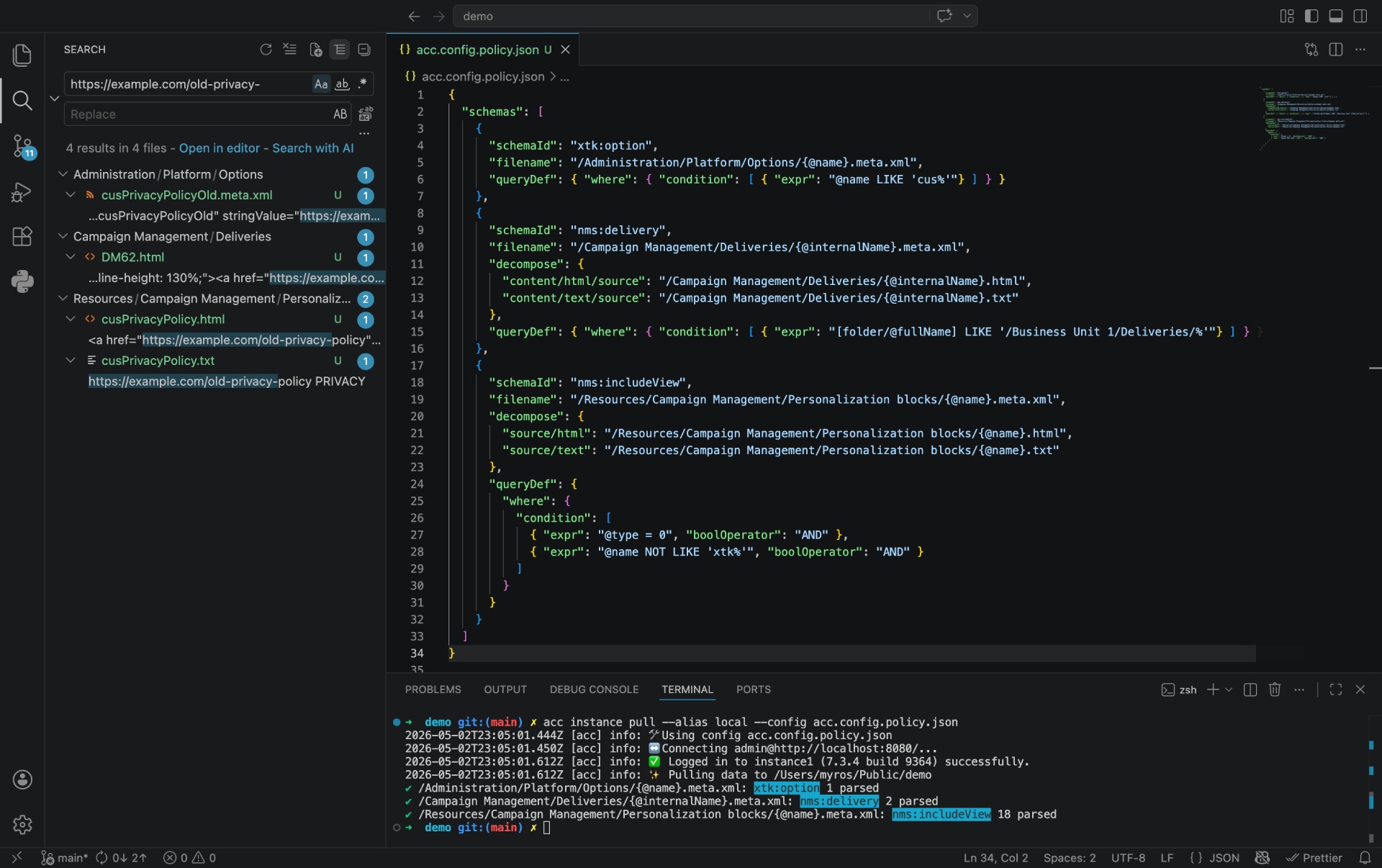 acc combined with VSCode finds outdated Privacy Policy in Adobe Campaign Options, Personnalization Blocks and  Deliveries