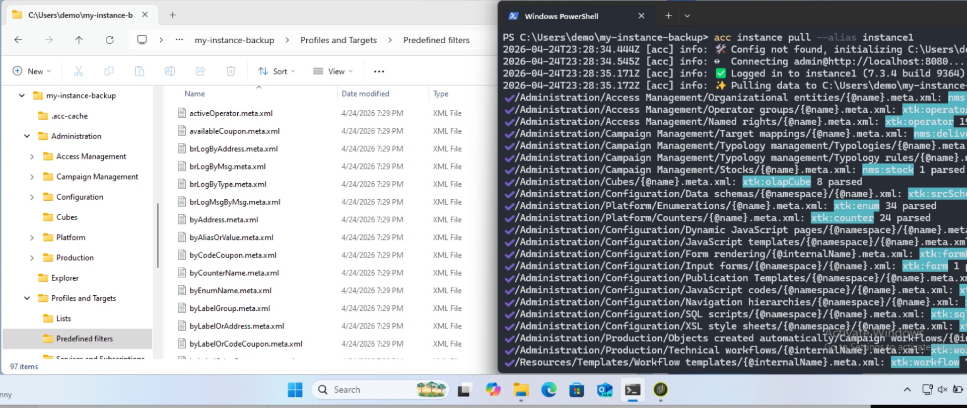 acc on Windows pulling Adobe Campaign data schemas and workflows before a server upgrade
