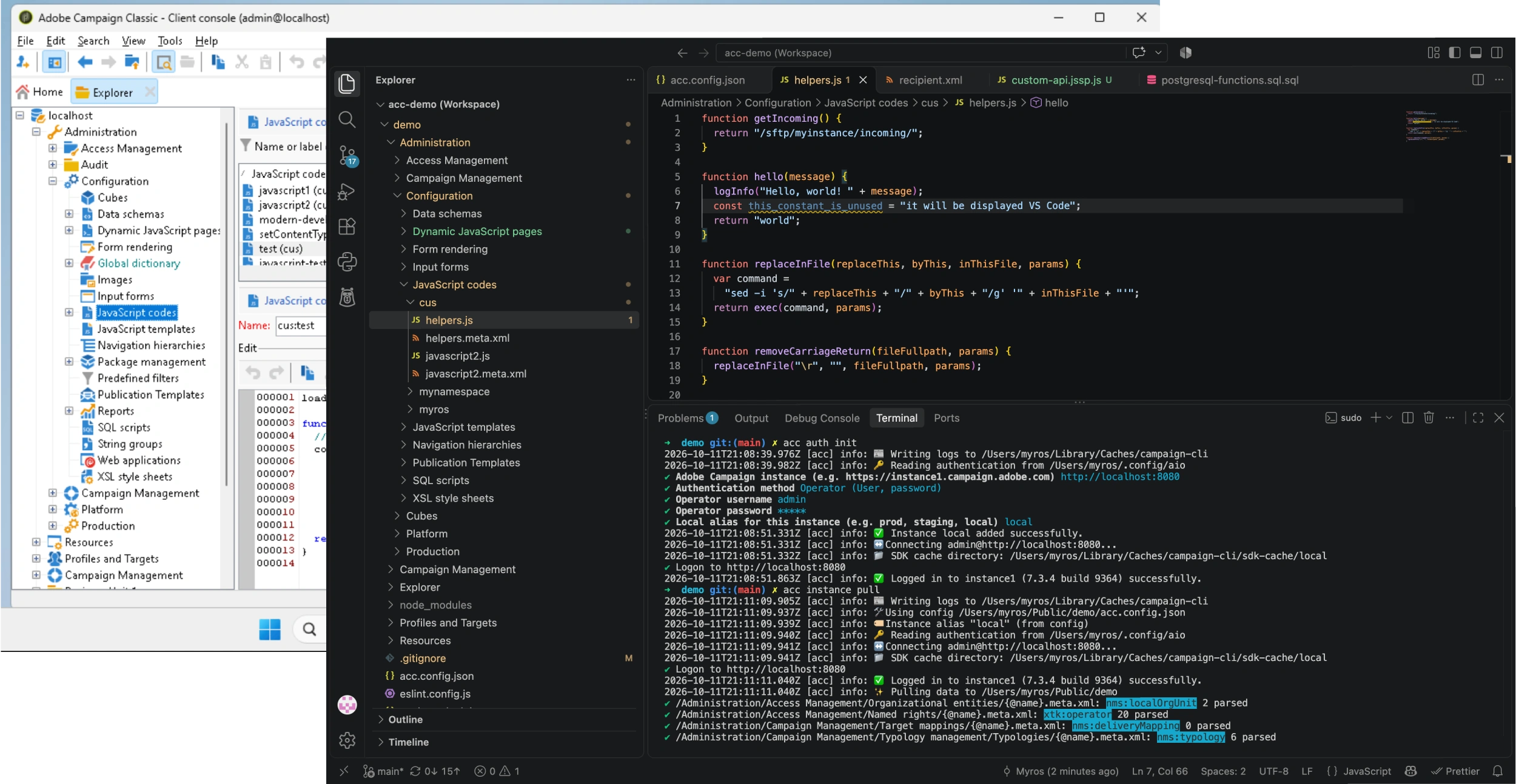 acc pulling Adobe Campaign JavaScript libraries for formatting with Prettier and review in VS Code