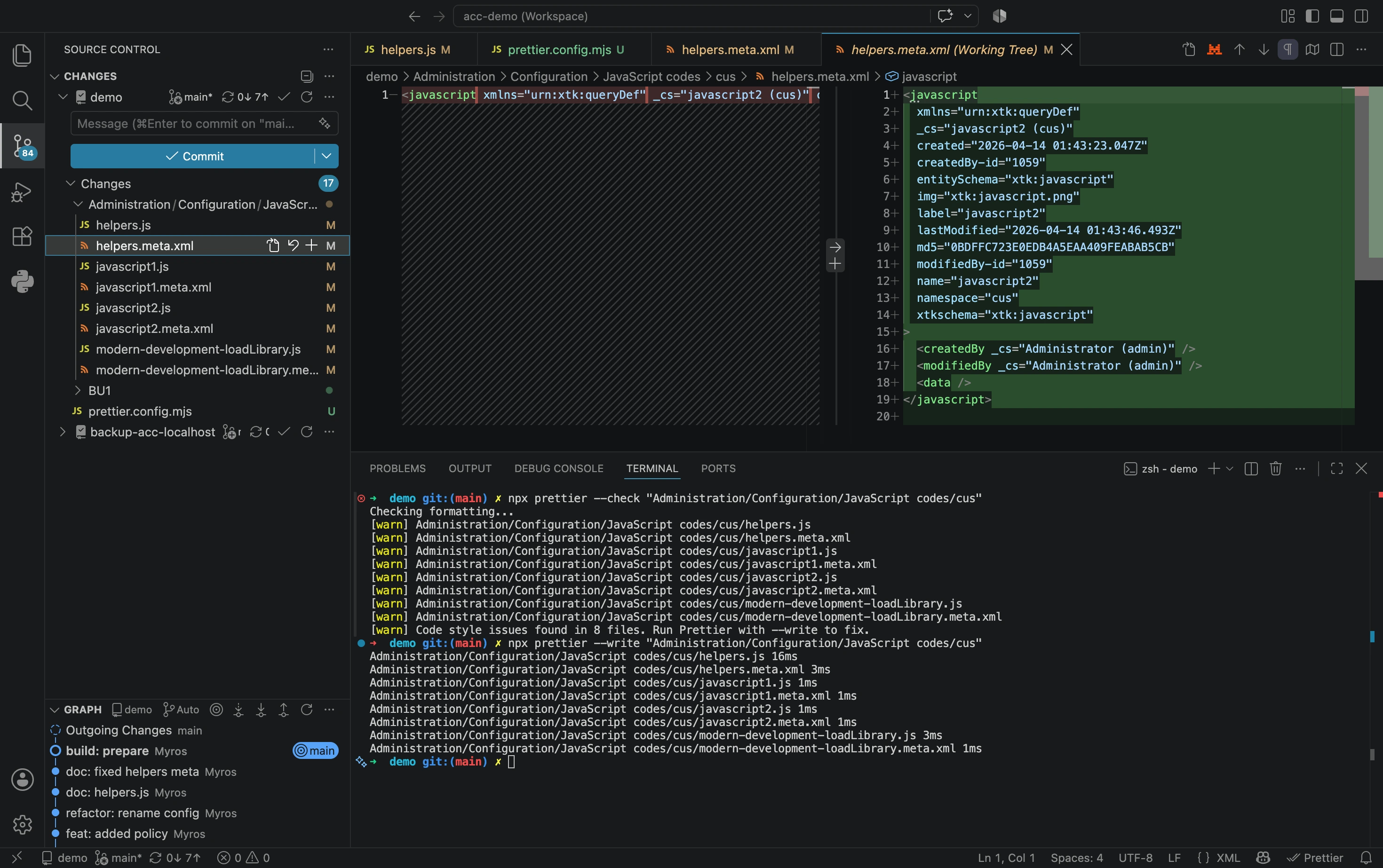 XML and JS files formatted with consistency after acc/prettier