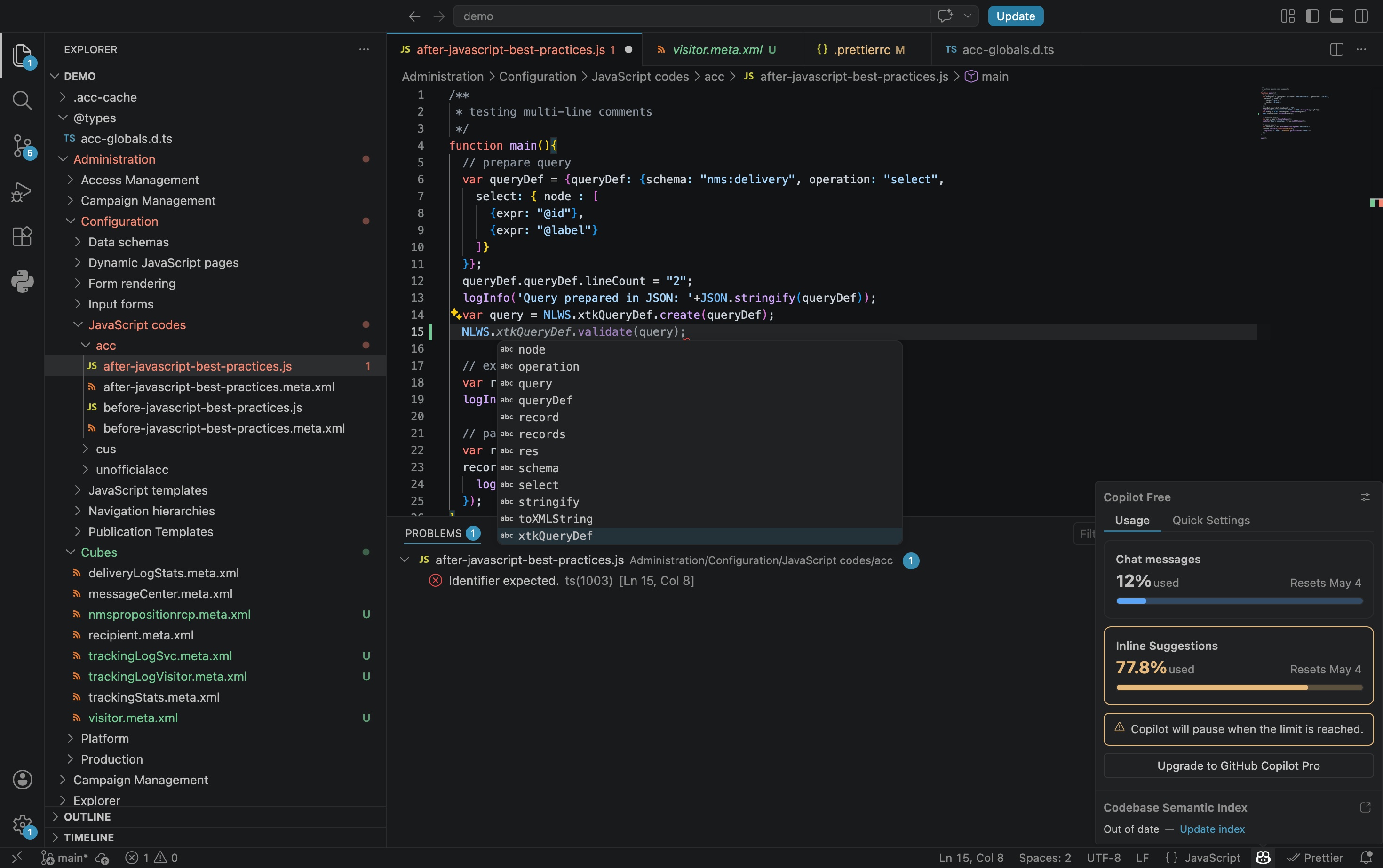 acc pulling Adobe Campaign JavaScript libraries for formatting with Prettier and review in VS Code