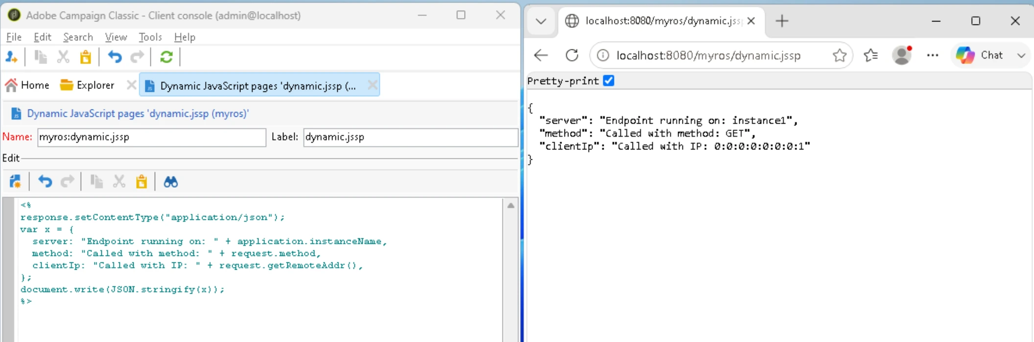 JSSP endpoint returning JSON API response with Adobe Campaign framework APIs