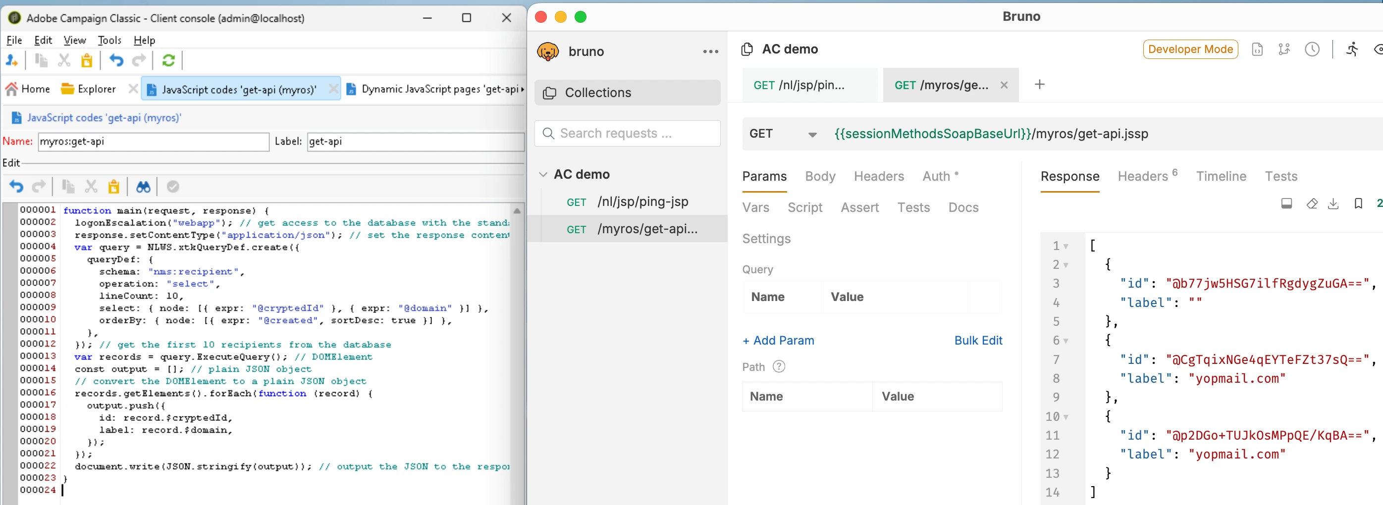 GET JSON API in Adobe Campaign JSSP returning recipients search results